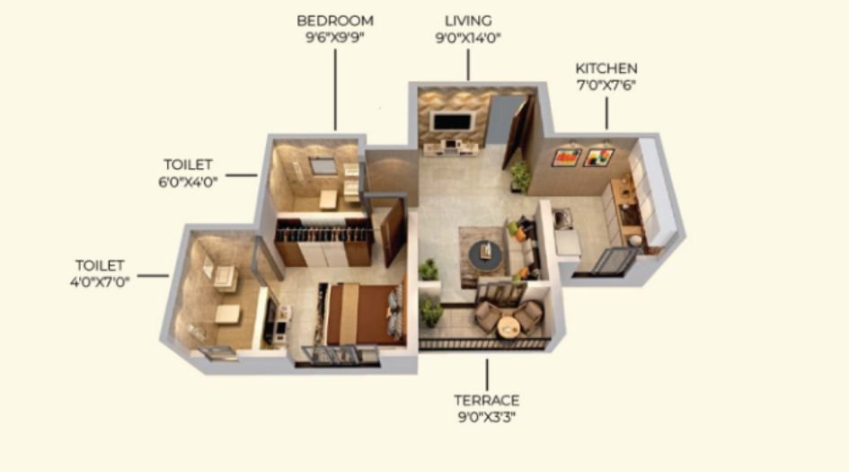 Balaji Dombivli Hotspot -1BHK-395sqft-unit-Plan
